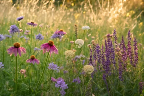 Mediterranean drought-tolerant planting with lavender and ornamental grasses