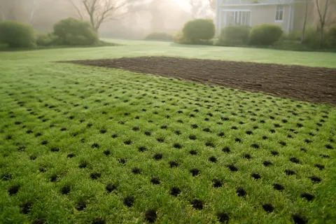 Lawn aeration in progress with hollow-tine aerator pulling soil plugs