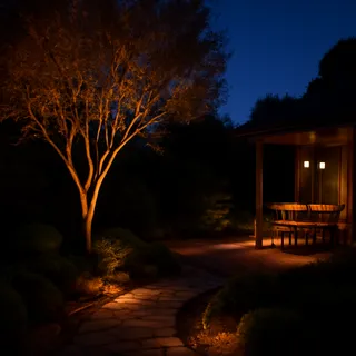 Evening garden lighting scheme in Lisbon with uplights and path lights